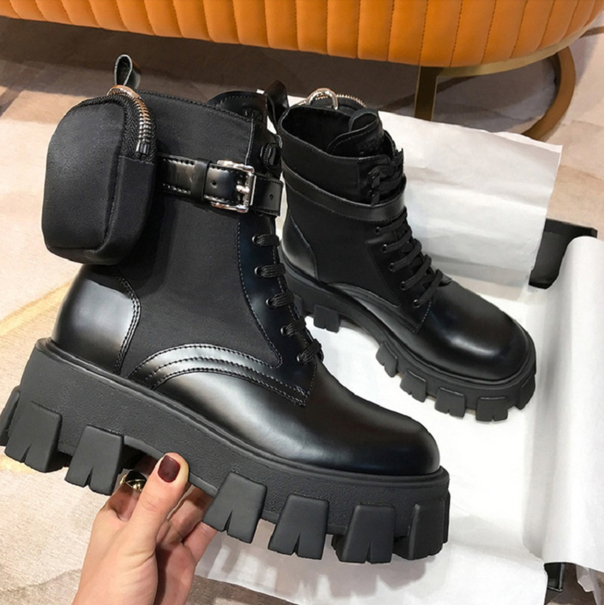 black combat boots with pockets