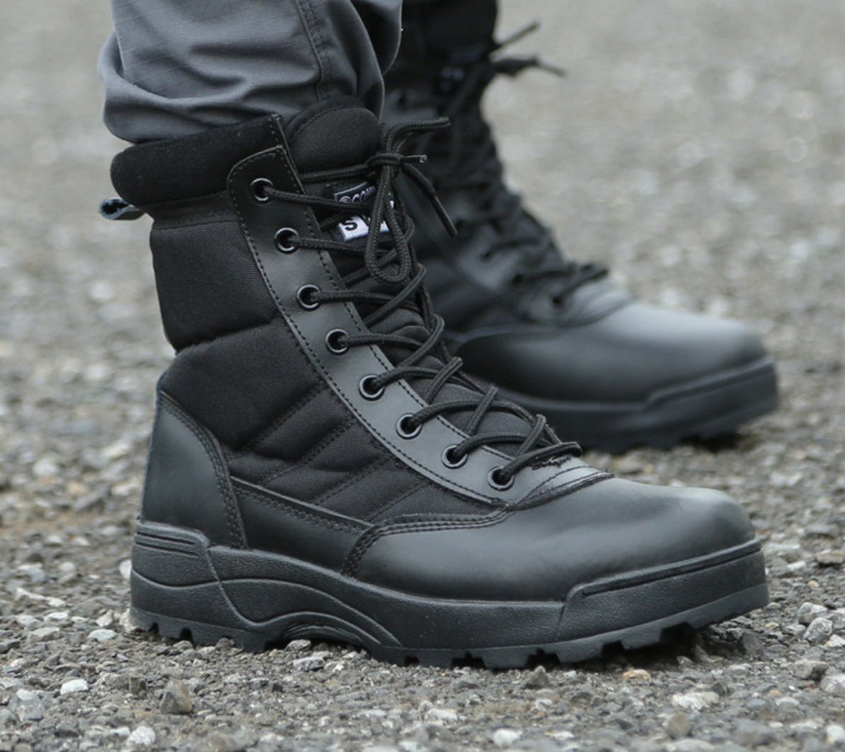 black tactical side zip boots