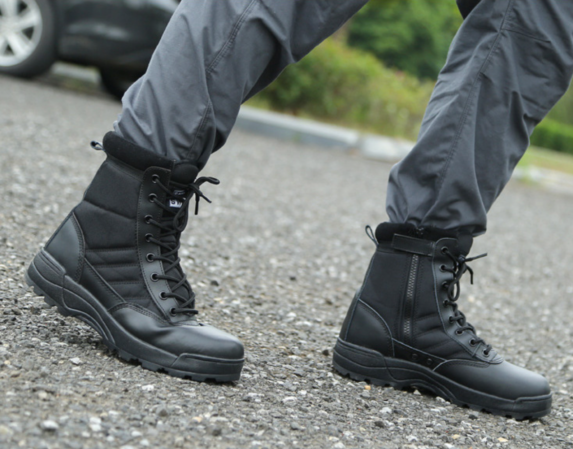 black tactical side zip boots