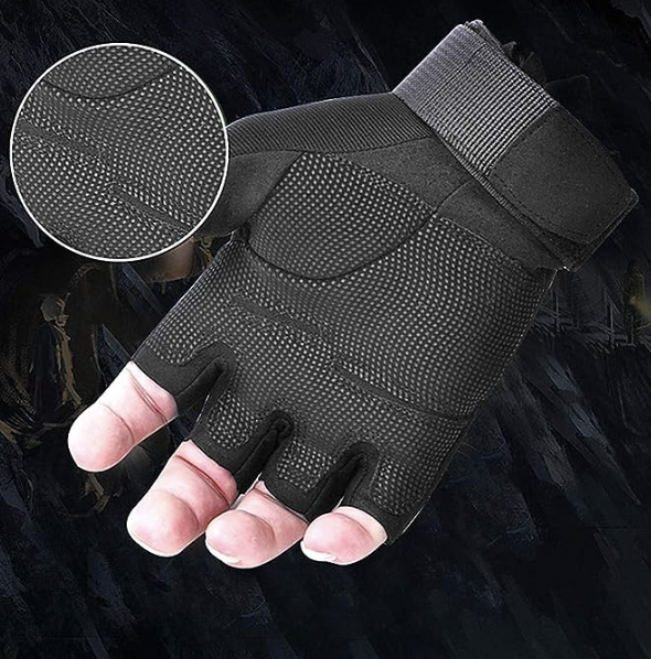 black tactical fingerless gloves