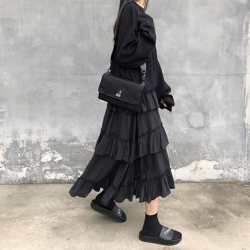 black long ruffle skirt